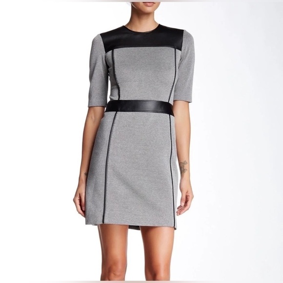 Theory Leather Black White Pattern Knit Calvino Elmore Sheath Dress Office Small - Picture 2 of 13